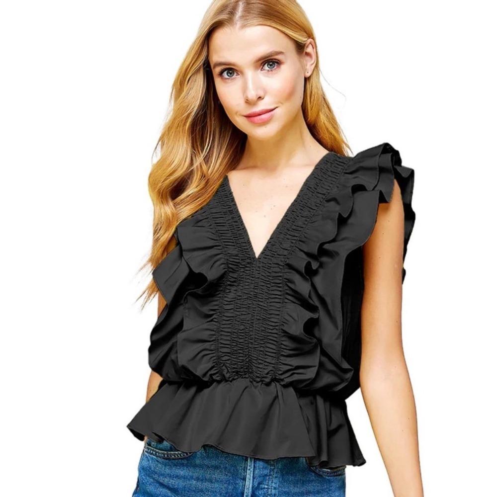 Entro Black Ruffled Peplum Top V-Neck Smocked Pleated Blouse Size Large Chic